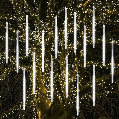 Vikdio Meteorschauer Regen Lichter, 30cm 16 Spiralröhren 480 LEDs Wasserdicht Eiszapfen Fallen für Hochzeit Weihnachten Garten Baum Home Decor, Unterstützung 2 Sätze Anschließen (Weiß) von Vikdio