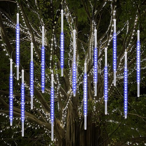 Vikdio Meteorschauer Regen Lichter, 50cm 16 Spiralröhren 864 LEDs Wasserdicht Eiszapfen Fallen für Hochzeit Weihnachten Garten Baum Home Decor, Unterstützung 2 Sätze Haken Zusammen (Blau) von Vikdio