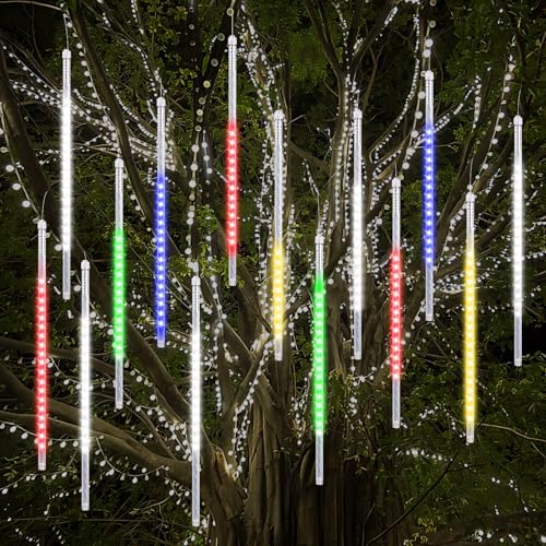 Vikdio Meteorschauer Regen Lichter, 50cm 16 Spiralröhren 864 LEDs Wasserdicht Eiszapfen Fallen für Hochzeit Weihnachten Garten Baum Home Decor, Unterstützung 2 Sätze Haken Zusammen (Mehrfarbig) von Vikdio