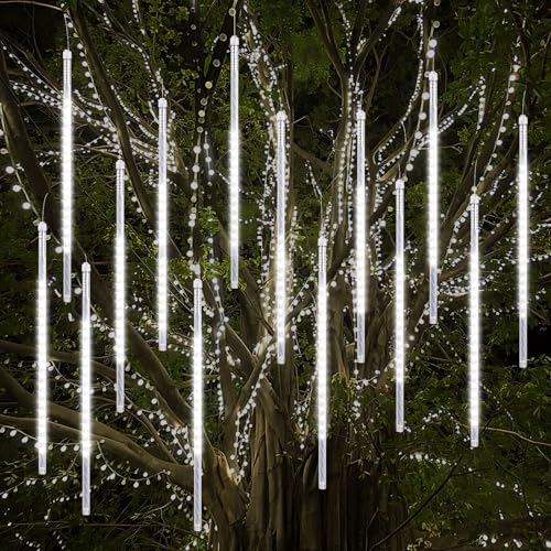 Vikdio Meteorschauer Regen Lichter, 50cm 16 Spiralröhren 864 LEDs Wasserdicht Eiszapfen Fallen für Hochzeit Weihnachten Garten Baum Home Decor, Unterstützung 2 Sätze Haken Zusammen (Weiß) von Vikdio