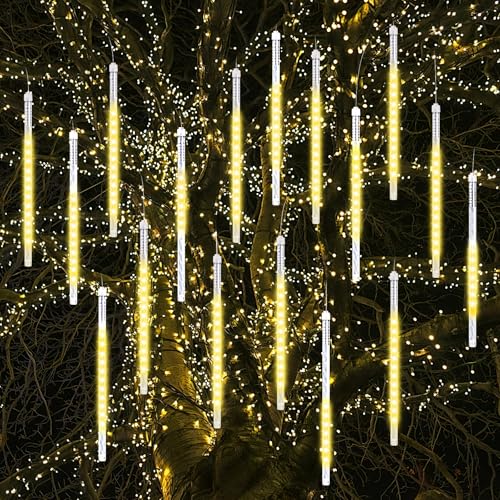 Vikdio Weihnachtslichter für draußen, Meteorschauer Lichter 16 Spiralschläuche 30cm 480 LEDs 5,25m Lit Länge, Wasserdichte Schneefalllichter für Weihnachtsdekoration im Freien Baum Fenster (Warmweiß) von Vikdio