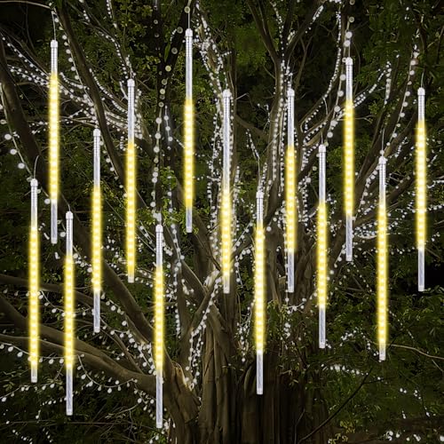 Vikdio Weihnachtslichter für draußen, Meteorschauer Lichter 16 Spiralschläuche 50cm 864 LEDs 5,25m Lit Länge, Wasserdichte Schneefalllichter für Weihnachtsdekoration im Freien Baum Fenster (Warmweiß) von Vikdio