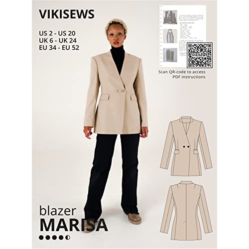 Vikisews Schnittmuster für Damen – Marisa Blazer Schnittmuster für Damen, Größe US2 – US20 Übergröße – geeignet für Anfänger mit leicht verständlicher Nähanleitung von Vikisews