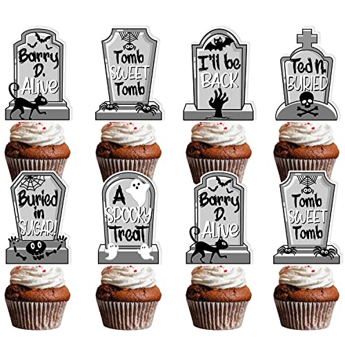 30 Stück Halloween Cupcake Topper Grabstein Kuchen Dekoration Skelett Spukhaus Geist Fledermaus Spinne Ghoul Katze Zombie Thema Horror Hallows Party Event Geburtstag Feier Jahrestag Dekor Supplies von Vikiwiin