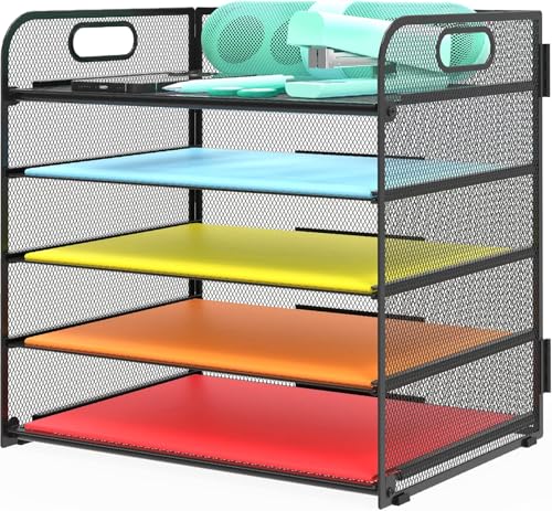 5 Ebenen Papier Organizer Briefablage Organizer, Mesh Metall Schreibtisch Akten Organizer mit Griff, Papiersortierer Organizer für Brief/A4 Office Aktenordnerhalter von Vikmyer