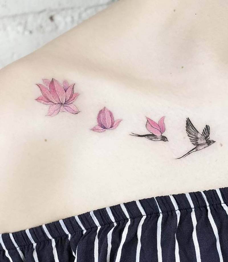 Blühender Lotus Mit Kolibri Temporäres Tattoo Für Frauen-Floral Und Vogel Fake Tattoo-Kleiner Fliegender Aufkleber-Fliegender von ViktorNCrafts