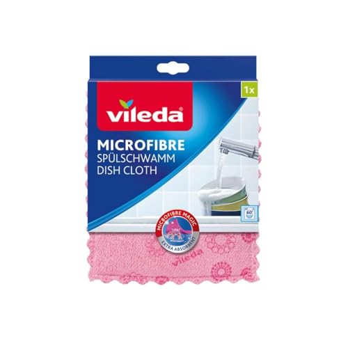 Vileda Microfaser Spülschwamm, im quadratisch praktischen Format, hohe Saugfähigkeit und Schmutzaufnahme, in 4 trendigen Farben und Mustern, 1er Pack von Vileda