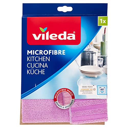 Vileda Mikrofaser Küchentuch, 2 Reinigungsseiten – Reinigungspower trifft auf streifenfreien Glanz, 19 x 1 x 22 cm, Farbe lila, 1er Pack von Vileda