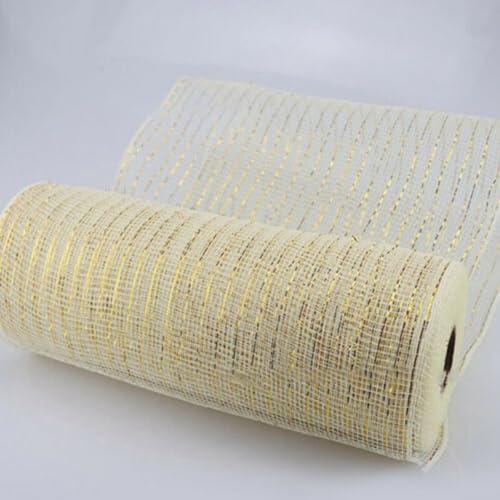 Deko-Mesh-Band-Rollen zum Selbermachen, 26 cm x 9,1 m, perfekt für Kränze und dekorative Bastelarbeiten (Milchweiß + Gold) von Vilgftyiet