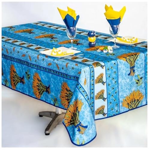 Rechteckige schmutzabweisende Tischdecke - Faltenbeständig und 100% Polyester - Blau - 240x150 cm - Bouquet de Blé - 6/8 Besteck - Innen oder Außen - Esstisch, Küche oder Garten von Villages de Provence