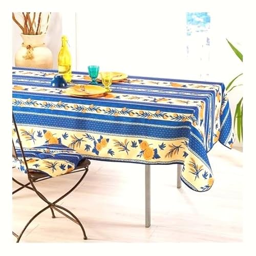 Rechteckige schmutzabweisende Tischdecke - Faltenbeständig und 100% Polyester - Blau - 240x150 cm - Tournesol Abeille - 6/8 Besteck - Innen oder Außen - Esstisch, Küche oder Garten von Villages de Provence