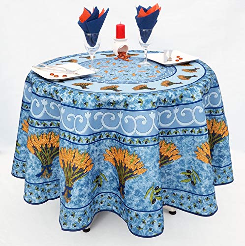 Runde schmutzabweisende Tischdecke - Faltenbeständig und 100% Polyester - Blau - Ø 180 cm - Bouquet de Blé - 6/8 Besteck - Innen oder Außen - Esstisch, Küche oder Garten von Villages de Provence