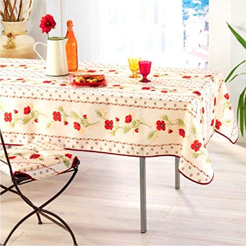 Rechteckige schmutzabweisende Tischdecke - Faltenbeständig und 100% Polyester - Ecru - 240x150 cm - Coquelicot v2-6/8 Besteck - Innen oder Außen - Esstisch, Küche oder Garten von Villages de Provence