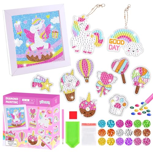 VillyVida Diamond Painting Kinder Set, 5D DIY Diamond Painting mit Bilderrahmen, Diamond Painting Sticker und 2 Diamond Painting Schlüsselanhänger, Ideal für Kindergeschenk (Unicorn) von VillyVida