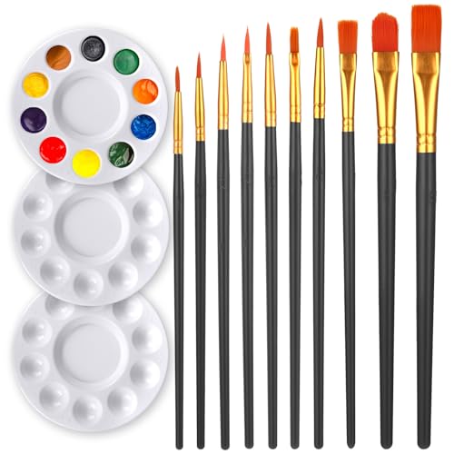 10 Stück Pinsel und 3 Stück Mischpalette Aquarellpinsel Gouache Pinsel Malpalette Malerei Ölfarben Brush mit Holzgriffen Mischpalette Aquarellpalette Palette Set für Wasserfarben Acryl und Öl Malerei von Vin Beauty