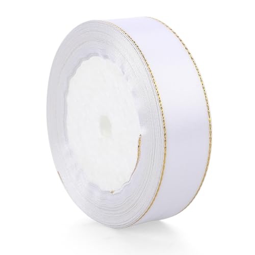 Geschenkband Weiß 25mm x 22 Meters Goldränder Schleifenband Weiss Geschenkbänder Stoff Breit Dekoband für Geschenkverpackung Blumenstrauß Kuchendekoration Hochzeitsfeier von Vin Beauty