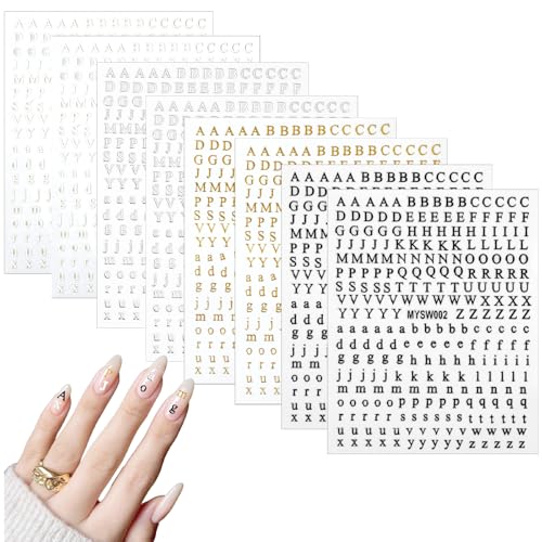 Nagel Stickers 8 Blatt Nagelsticker Glitzer Buchstabe Nail Art Sticker Selbstklebend Nagelaufkleber Englisches Alphabet Dekoration Nageldesign Zubehör von Vin Beauty