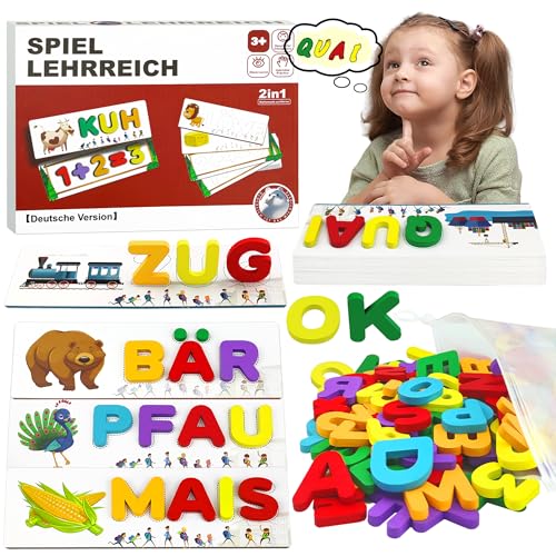 Deutsches Buchstaben Lernen Lernspiele, Montessori Spielzeug ab 3 4 5 6 7 8 Jahre mit 32 Beidseitig Scrabble Alphabet-Flash-Karten Kinderspielzeug Holz Vorschule Einschulung Geschenk für Junge Mädchen von VingaHouse