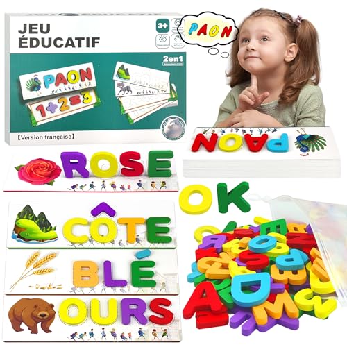 Französisches Buchstaben Lernen Lernspiele, Montessori Spielzeug ab 3 4 5 6 Jahre mit 32 Beidseitig Scrabble Alphabet-Flash-Karten Kinderspielzeug Holz Vorschule Einschulung Geschenk für Junge Mädchen von VingaHouse