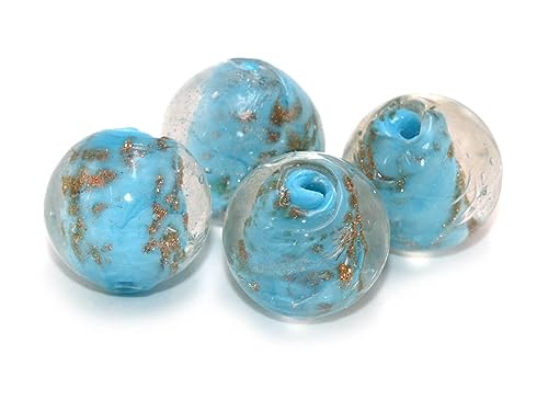 4 Lampwork Glasperlen in Azur mit Gold- und Silberfolie, 16 mm von Vintageparts, DIY-Schmuck von Vintageparts FACHHANDEL FÜR SCHMUCKZUBEHÖR