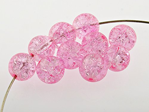 Vintageparts 10 Crackle Glasperlen in rosa, 12 mm, DIY-Schmuck von Vintageparts