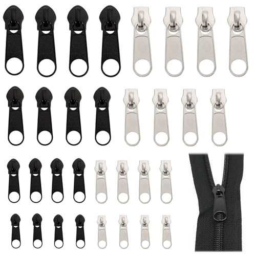 32Pcs Reißverschluss Zipper, #3#5#8#10 Zipper für Nylon Reißverschluss, Reißverschluss Schieber, Reisverschluss Reparieren Zipper Ersatz für Jacken, Taschen, Mantel - Schwarz Silber von Vinuwu