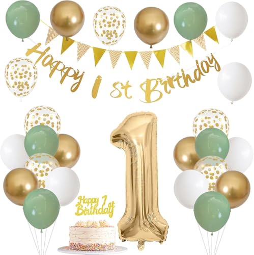 1. Geburtstag Dekorationen Jungen Mädchen Salbei Grün Geburtstag Dekorationen 1 Jahr alt mit Girlande 1. Geburtstag Banner Zahlen Ballons 1. Geburtstag Kuchen Dekorationen 1. von Viojrlly