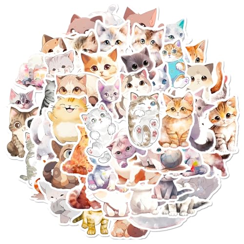 50 Blatt Packung Aquarell Katze Aufkleber Auto Laptop Telefon Gitarre Skateboard Motorrad Fahrrad Katze Aufkleber Set Vinyl Wasserdicht Ästhetische Aufkleber für Jugendliche Kinder Erwachsene von Viojrlly