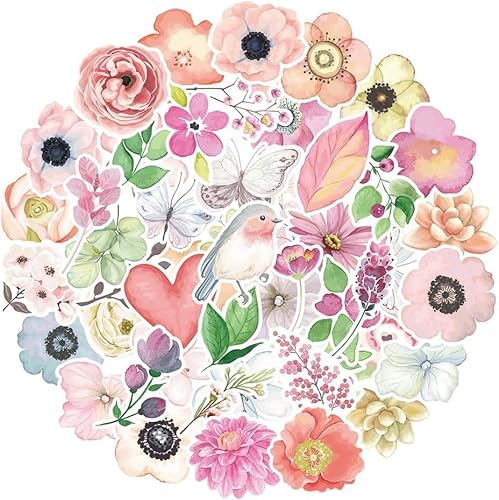 50 Stück Blumenaufkleber, Blume wasserdichte Vinyl Aufkleber für Laptop Wasserflasche Skateboard Gepäck Fahrrad Gitarre Koffer Journal Scrapbook Handy Pad von Viojrlly