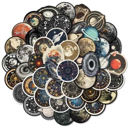 50 Stück Universum Planeten Aufkleber, Wasserdicht Weltraum Planeten Aufkleber Galaxie Planet Sticker, Retro-Raumstation Aufkleber Graffiti Mond Weltraum Aufkleber für Scrapbook von Viojrlly