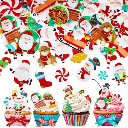 60 Stück Weihnachtskuchen Dekorationen, Cupcake Dekorationen, Weihnachtszubehör, Waffel Standing Discs, Weihnachtsmotiv Party, Krippe Weihnachtsmann Schneemann von Viojrlly