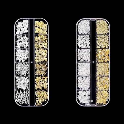 Viojrlly 2 Boxen Stern Schleifen Nail Charms Gold Silber, Metall Nagelkunst Dekorations, Nail Art Charms 3D Nägel Star Nail Design Mini Strasssteine Nägel Set, Legierung Glitzersteine Nagel Zubehör von Viojrlly