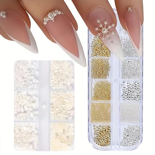 Viojrlly 2 Stück Nagel Perlen Perlen Nägel Beads Edelstahl Perlen Gold und Silberne Perlen Nägel 3D Mini Micro Nail Art Nagelkaviar Nagel Art Dekor Nagelzubehör Mini Strasssteine Deco Nagelnagel von Viojrlly