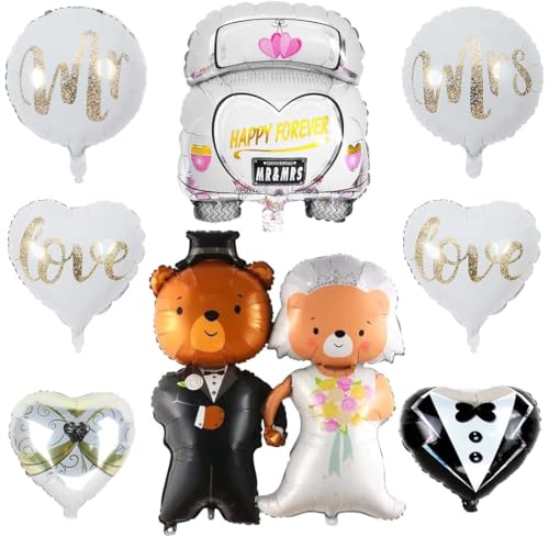 Viojrlly 9 Stück Hochzeit Themenballon Brautpaar Hochzeitsauto süßer Bär Ballon Mr Mrs Love Folienballon Luftballons Hochzeit Deko Kit für Hochzeitsfeier Verlobung Brautpaar Anniversary Heiratsantrag von Viojrlly