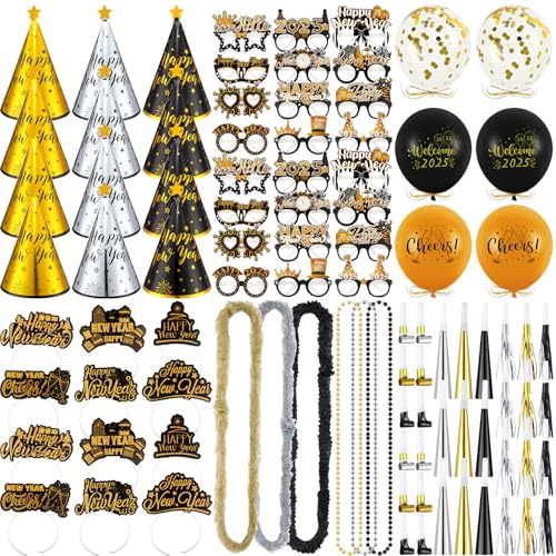 VioraWhite 160 Stück Silvester Party Supplies 2025 Schwarz Gold Silber Happy New Year Stirnband Tiara Kegel Hüte Papiergläser Silvester Party Dekor Set für Silvester Party Favors Zubehör von VioraWhite