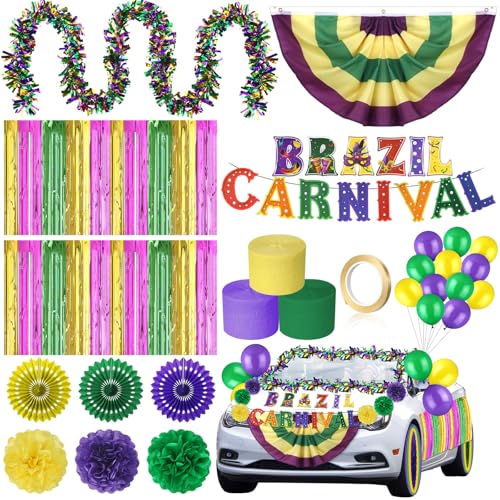 VioraWhite 60 Pcs Mardi Gras Parade Auto Dekoration Kit Fan Flagge Venezianische Karneval Girlande Krepppapier Band Ballon Banner Papierfächer Karneval Dekor für Auto Garage Outdoor Karneval Party von VioraWhite