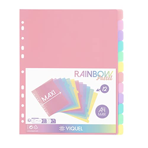 Viquel - 12 Stück Register Rainbow Pastell - Maxi Format (24,5 x 30,5 cm) - für A4 Maxi-Ordner oder Aktenordner - Pastellfarben von Viquel