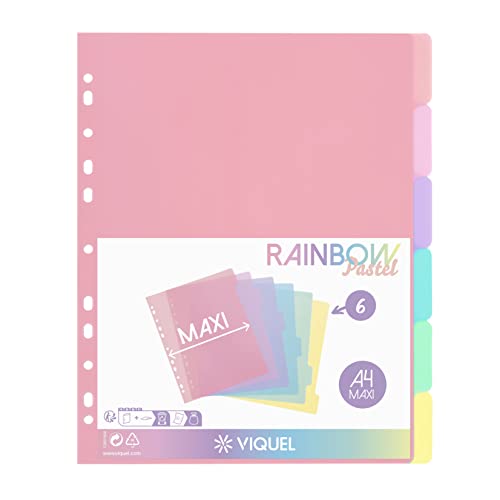 Viquel - 6 Stück Register Rainbow Pastell - Maxi Format (24,5 x 30,5 cm) - für A4 Maxi-Ordner oder Aktenordner - Pastellfarben von Viquel