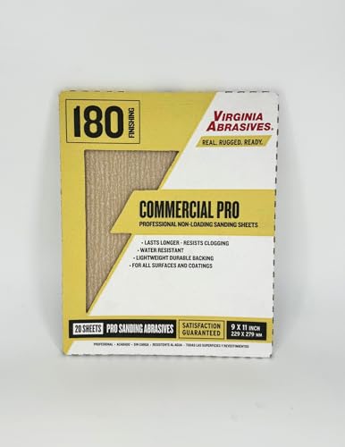 Virginia Abrasives 22,9 x 27,9 cm Schleifblätter, 20 Stück, Körnung 180, Commercial Pro Stearatbeschichtetes Aluminiumoxid von Virginia Abrasives