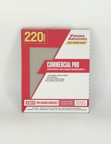 Virginia Abrasives 22,9 x 27,9 cm Schleifblätter, 20 Stück, Körnung 220, Commercial Pro Stearatbeschichtetes Aluminiumoxid von Virginia Abrasives