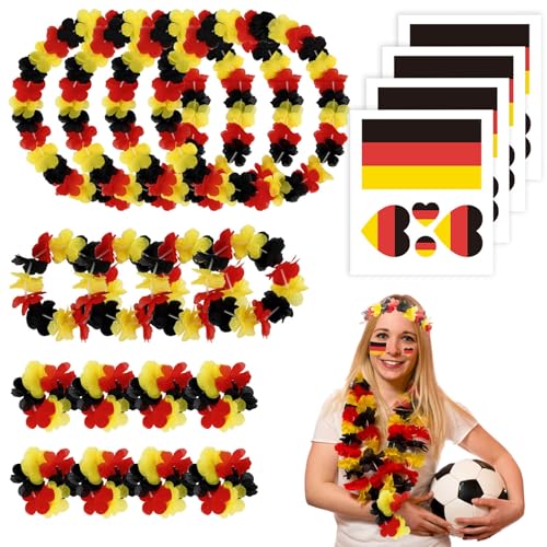 VirgoCCY 20 Stück Deutschland Fanartikel Blumenkette, Hawaii-Fan-Set Deutschland: 4X Kette, 4X Stirnband, 8X Armbänder & 4X Aufklebe Deutsche Euro Fussball EM 2024 Fan Foto Requisiten Blumenkette von VirgoCCY