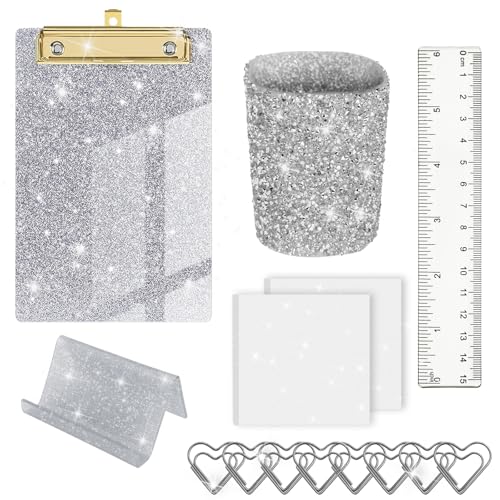 VirgoCCY Glitter Bürobedarf Set Schreibtischzubehör, einschließlich Acryl Klein A6 Klemmbrett, Visitenkartenhalter, Stifthalter, Transparente Haftnotizen, Herzförmige Büroklammern, Lineal, Silber von VirgoCCY