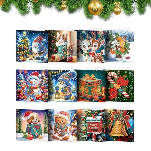 Visiblurry Malerei Weihnachtskarten,Vintage Weihnachtskarten, 12 Stück Grußkarten-Malsets, Runde Bohrer-Kristallkunst, leere Kristall-Malkarten, Weihnachtskarten-Sets für Geburtstagskarten von Visiblurry