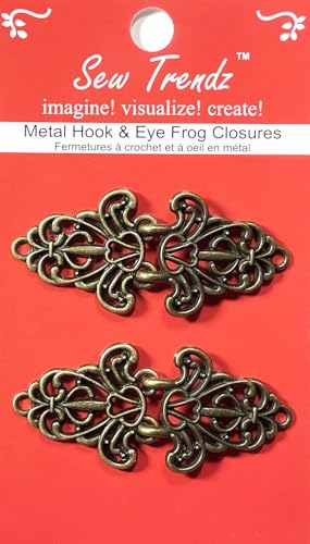 SEW Trendz Metall-Frosch-Knopf zum Aufnähen, Clip, Haken und Ösenverschluss, Nähen, Renaissance-Kostüme, Umhang, Jacke, filigrane Untersetzer-Form, Antik-Bronze, 2 Paar/Packung von Vision Trims