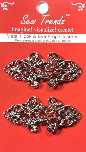 SEW Trendz Metall-Frosch-Knopf zum Aufnähen, Clip, Haken und Ösenverschluss, Nähen, Renaissance-Kostüme, Umhang, Jacke, filigrane Untersetzer-Form, Silber, 2 Paar/Packung von Vision Trims