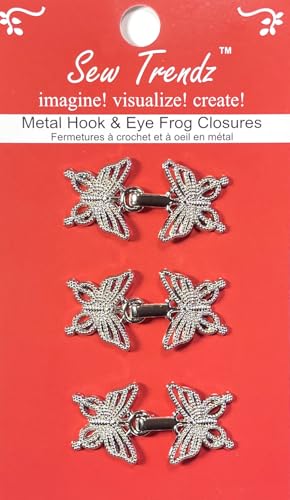 SEW Trendz Metall-Froschknopf, zum Aufnähen, Clip, Haken und Ösenverschluss, Nähen, Renaissance-Kostüme, Umhang, Jacke, filigranes Schmetterling-Design, Silber, 3 Paar/Packung von Vision Trims