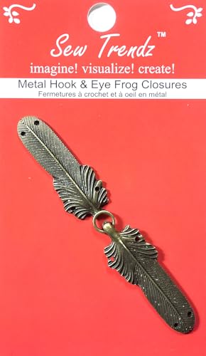 SEW Trendz Metall-Froschknopf, zum Aufnähen, Clip, Haken und Ösenverschluss, Nähen, Renaissance-Kostüme, Umhang, Jacke, großes Feder-Design, Antik-Bronze, 1 Paar/Packung von Vision Trims