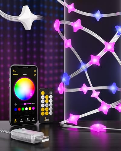 VisionSync Sternförmige LED-Lichterkette, 10 m, RGB-Farbwechsel, wasserdicht, Musik-Synchronisation, USB-betrieben, Fernbedienung und App-gesteuert, intelligente Beleuchtungskette, Dekoration für von VisionSync