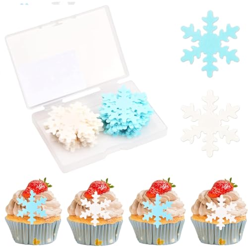 50pcs Schneeflocken Tortendeko Schneeflocken Kuchen Dekorationen Kuchen Topper Schneeflocke Cupcake Toppers essbare Kuchen Topper für die Winterkuchen Dekoration(Blau + Weiß) von Viskee