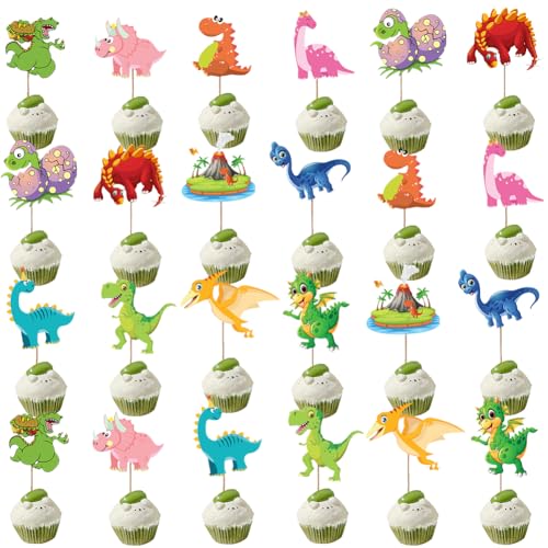 Dinosaurier Tortendeko 48PCS Dino Cupcake Topper Geburtstag Deko Muffin Deko Kinder Baby Party Geburtstag Party Kuchen Dekoration Supplies von Viskee